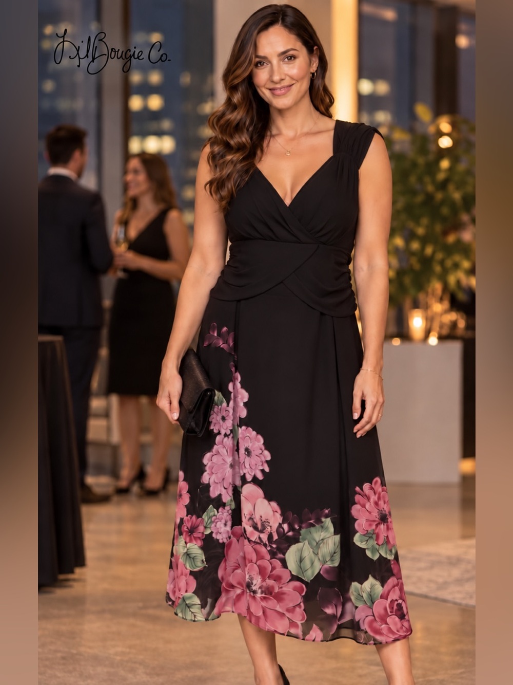 NWT Bandolino Black Midi Dress with Pink Floral Hem - Size 14